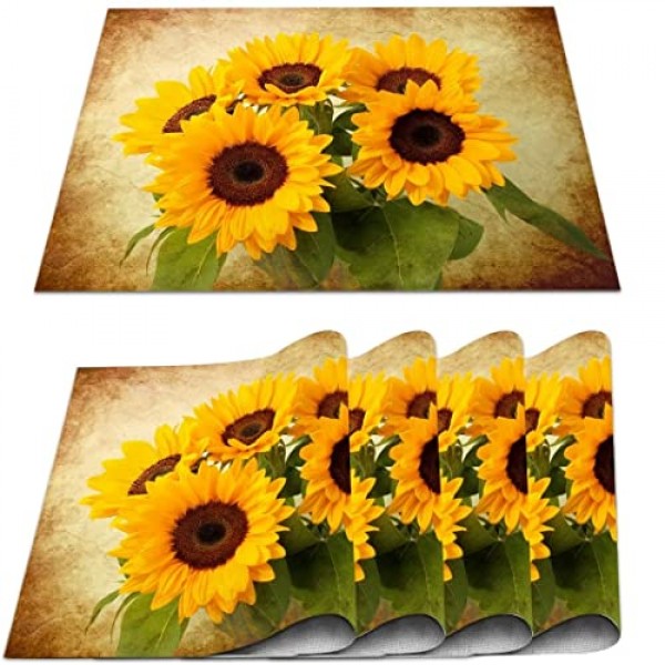 레트로 해바라기 플레이스 매트 4 PVC 해바라기 테이블 매트 세트 미끄럼 방지 내열성 빈티지 노란색 꽃 플레이스 매트 홈 주방 식탁 용 빨 가능