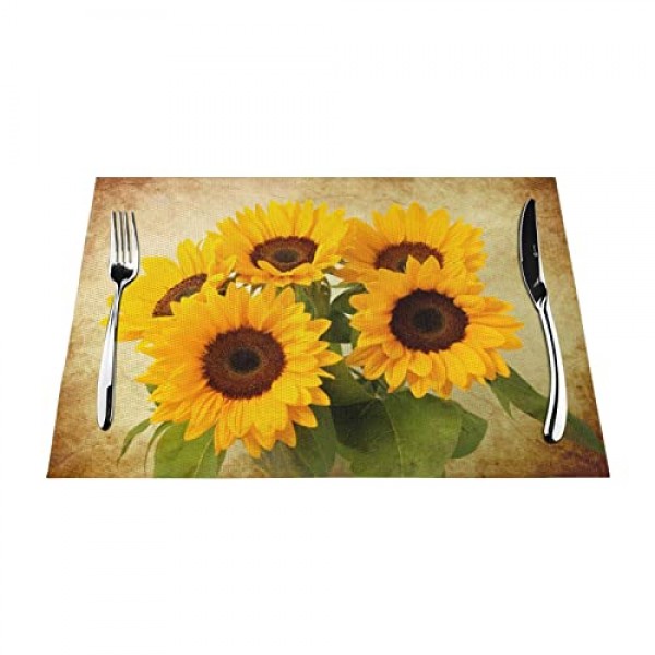 레트로 해바라기 플레이스 매트 4 PVC 해바라기 테이블 매트 세트 미끄럼 방지 내열성 빈티지 노란색 꽃 플레이스 매트 홈 주방 식탁 용 빨 가능