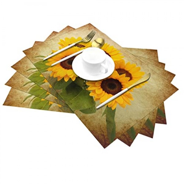 레트로 해바라기 플레이스 매트 4 PVC 해바라기 테이블 매트 세트 미끄럼 방지 내열성 빈티지 노란색 꽃 플레이스 매트 홈 주방 식탁 용 빨 가능