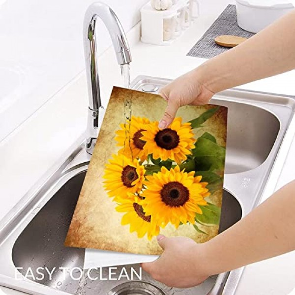 레트로 해바라기 플레이스 매트 4 PVC 해바라기 테이블 매트 세트 미끄럼 방지 내열성 빈티지 노란색 꽃 플레이스 매트 홈 주방 식탁 용 빨 가능