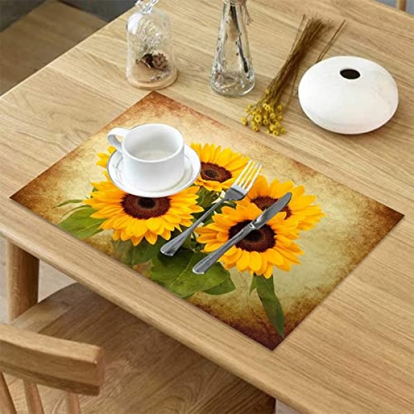 레트로 해바라기 플레이스 매트 4 PVC 해바라기 테이블 매트 세트 미끄럼 방지 내열성 빈티지 노란색 꽃 플레이스 매트 홈 주방 식탁 용 빨 가능