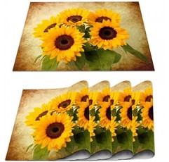 레트로 해바라기 플레이스 매트 4 PVC 해바라기 테이블 매트 세트 미끄럼 방지 내열성 빈티지 노란색 꽃 플레이스 매트 홈 주방 식탁 용 빨 가능