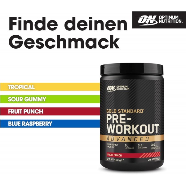 Optimum Nutrition Gold Standard Pre-Workout Advanced Powder, 에너지 부스터, L-시트룰린, 베타-알라닌, 카페인 및 비타민 B12 및 B6, 과일 펀치 맛, 20인분, 과일 펀치 420g