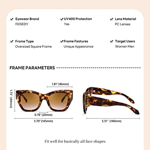 Feisedy 빈티지 스퀘어 선글라스 여성 럭셔리 트렌디 오버 사이즈 안경 uv400 보호 기능이있는 두꺼운 프레임 그늘 b2378