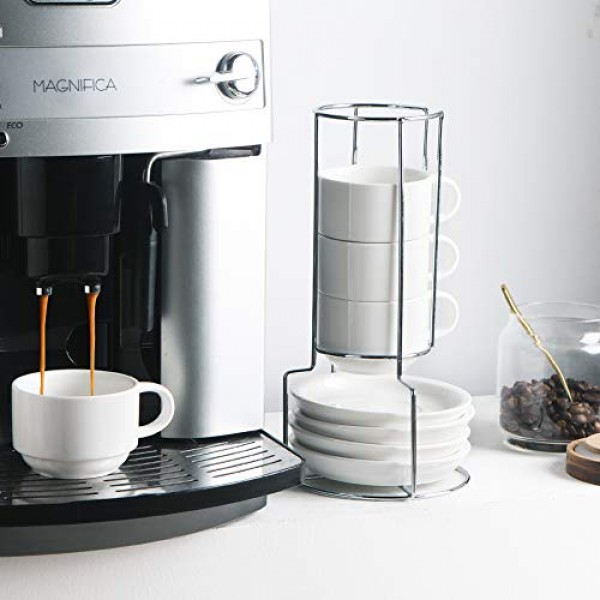 Sweejar 도자기 에스프레소 컵(받침 포함), 4온스 쌓을 수 있는 카푸치노 컵(커피 음료, 라떼, 차용 금속 스탠드 포함) - 4개 세트(흰색)