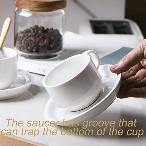 Sweejar 도자기 에스프레소 컵(받침 포함), 4온스 쌓을 수 있는 카푸치노 컵(커피 음료, 라떼, 차용 금속 스탠드 포함) - 4개 세트(흰색)