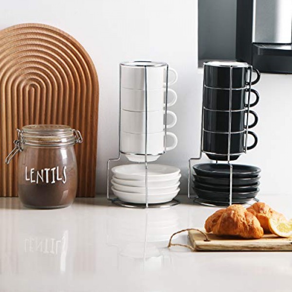 Sweejar 도자기 에스프레소 컵(받침 포함), 4온스 쌓을 수 있는 카푸치노 컵(커피 음료, 라떼, 차용 금속 스탠드 포함) - 4개 세트(흰색)