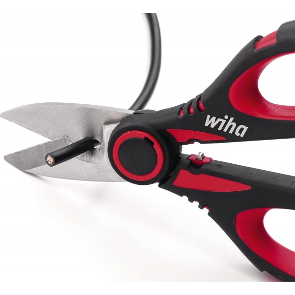 Wiha 160mm SB Prof. elec; 케이블 절단, 스트리핑 및 크림핑을 위한 크림핑 기능이 있는 케이블 가위, 고정 클립이 있는 보호 케이스 포함