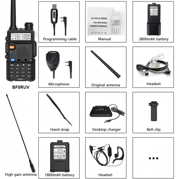 양방향 라디오 워키토키 5R 듀얼 밴드 VHF/UHF 양방향 햄 라디오, 3800mAh 배터리, 마이크 스피커, USB 프로그래밍 케이블, 고이득 안테나, USB 충전기, 헤드폰
