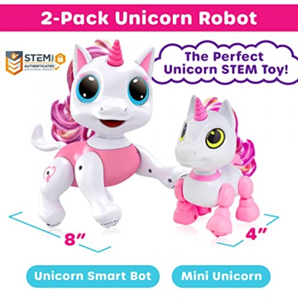 재미있는 로봇 애완동물 유니콘 장난감 2팩 - 소녀와 어린이를 위한 유니콘 선물 (1) 유니콘 STEM 장난감 로봇 대화형 손 제스처 또는 이동 원격 제어 및 (1) 미니 유니콘 