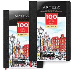 Arteza 8.3x11.7인치 스케치북, 2개 팩, 패드당 100페이지, 118lb/175gsm, 북마크 리본이 있는 하드커버 저널, 확장 가능한 내부 포켓 및 탄성 스트랩, 드라이 미디어용 미술 용