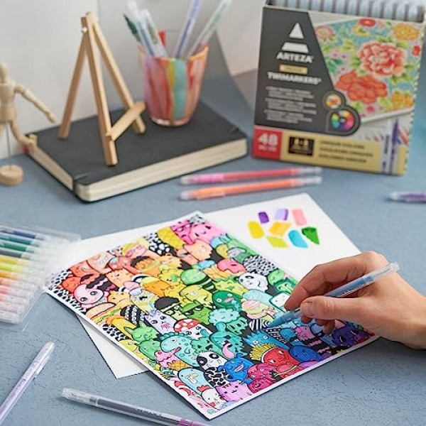 ARTEZA 듀얼 브러시 펜, 48색 세트, 미세 및 브러시 팁이 있는 아트 마커, 색칠, 서예, 스케치, 낙서용 트위마커, 그림, 저널링, 핸드 레터링용 미술 용품
