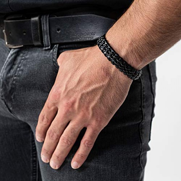 Serasar 프리미엄 정품 가죽 팔찌 남성용 블랙 스테인레스 스틸 마그네틱 걸쇠 블랙, 실버 및 골드 주얼리 박스 포함 훌륭한 선물 아이디어