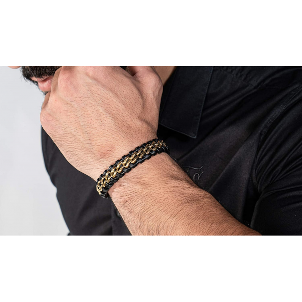 Serasar 프리미엄 정품 가죽 팔찌 남성용 블랙 스테인레스 스틸 마그네틱 걸쇠 블랙, 실버 및 골드 주얼리 박스 포함 훌륭한 선물 아이디어