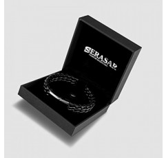 Serasar 프리미엄 정품 가죽 팔찌 남성용 블랙 스테인레스 스틸 마그네틱 걸쇠 블랙, 실버 및 골드 주얼리 박스 포함 훌륭한 선물 아이디어