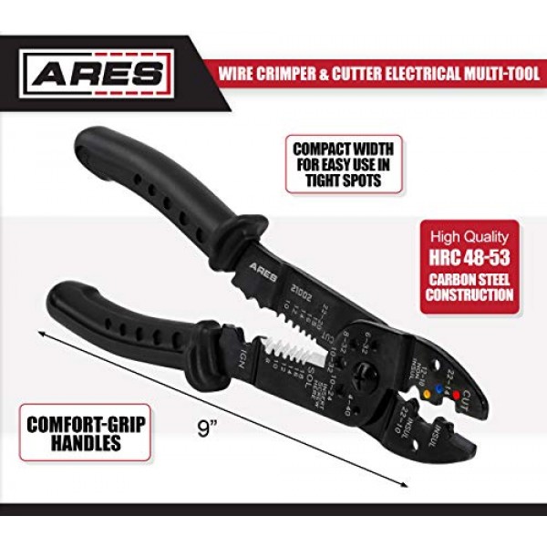ARES 21002-9인치 와이어 스트리퍼, 크림퍼 및 커터 전기 다중 도구 - 압착 절연, 비절연 및 점화 단자 - 스트립 및 절단 8-22 AWG 연선 및 10-24 AWG 단선