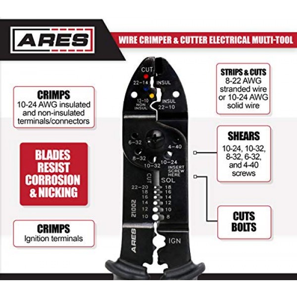 ARES 21002-9인치 와이어 스트리퍼, 크림퍼 및 커터 전기 다중 도구 - 압착 절연, 비절연 및 점화 단자 - 스트립 및 절단 8-22 AWG 연선 및 10-24 AWG 단선