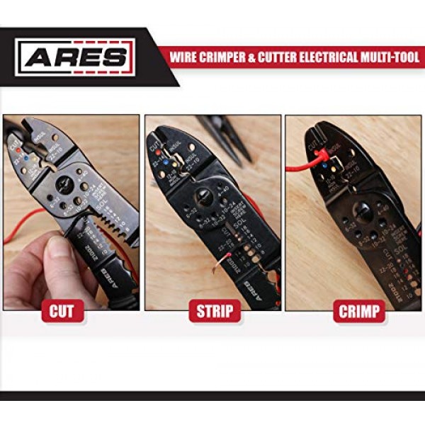 ARES 21002-9인치 와이어 스트리퍼, 크림퍼 및 커터 전기 다중 도구 - 압착 절연, 비절연 및 점화 단자 - 스트립 및 절단 8-22 AWG 연선 및 10-24 AWG 단선