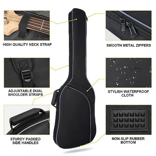MUZNOTE 베이스 기타 가방, 베이스 기타 가방 긱백 백팩 일렉트릭 베이스 기타 케이스 소프트 0.38인치 패딩 경량 포켓 포함 방수 (블랙)