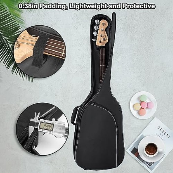 MUZNOTE 베이스 기타 가방, 베이스 기타 가방 긱백 백팩 일렉트릭 베이스 기타 케이스 소프트 0.38인치 패딩 경량 포켓 포함 방수 (블랙)