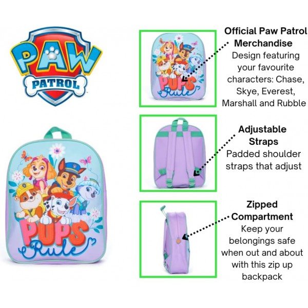 Paw Patrol Girls Backpack Pups Rule Kids, 장미, 원 사이즈