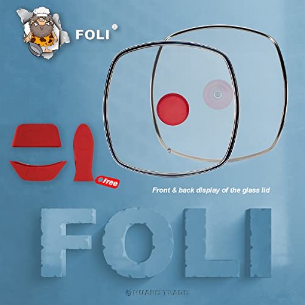 스팀 벤트 구멍이 있는 그릴 팬용 FOLI 사각 유리 뚜껑 - Lodge 주철 프라이팬에 적합 10.5인치/26.67cm 실리콘 냄비 홀더 - 사각 강화 유리 뚜껑 - 범용 교체 커버 실리콘 손
