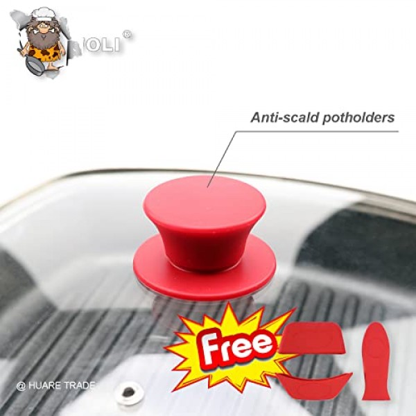 스팀 벤트 구멍이 있는 그릴 팬용 FOLI 사각 유리 뚜껑 - Lodge 주철 프라이팬에 적합 10.5인치/26.67cm 실리콘 냄비 홀더 - 사각 강화 유리 뚜껑 - 범용 교체 커버 실리콘 손