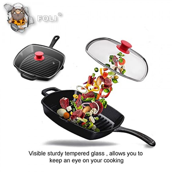 스팀 벤트 구멍이 있는 그릴 팬용 FOLI 사각 유리 뚜껑 - Lodge 주철 프라이팬에 적합 10.5인치/26.67cm 실리콘 냄비 홀더 - 사각 강화 유리 뚜껑 - 범용 교체 커버 실리콘 손