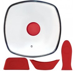 스팀 벤트 구멍이 있는 그릴 팬용 FOLI 사각 유리 뚜껑 - Lodge 주철 프라이팬에 적합 10.5인치/26.67cm 실리콘 냄비 홀더 - 사각 강화 유리 뚜껑 - 범용 교체 커버 실리콘 손