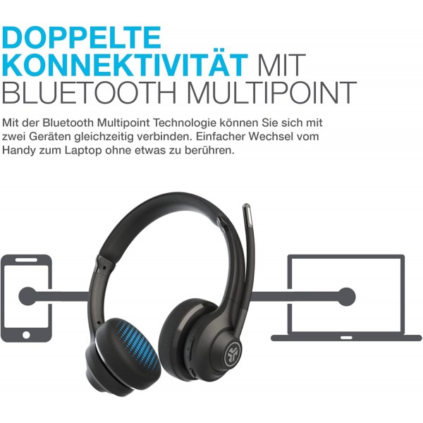 마이크가 있는 JLab Go Work 무선 헤드셋: 45시간 이상 재생, 다지점 연결이 있는 헤드폰, PC 및 휴대폰에 무선 또는 유선 연결 - 노트북 사무실용 마이크가 있는 Bluetooth 헤