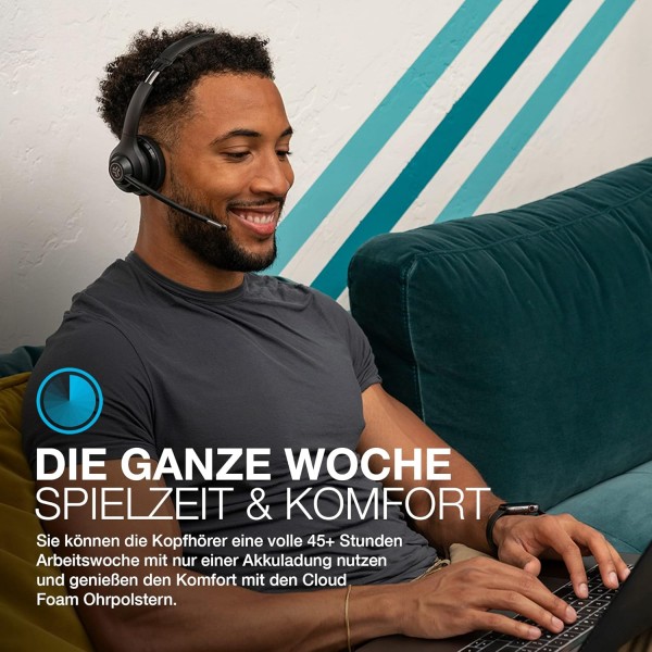 마이크가 있는 JLab Go Work 무선 헤드셋: 45시간 이상 재생, 다지점 연결이 있는 헤드폰, PC 및 휴대폰에 무선 또는 유선 연결 - 노트북 사무실용 마이크가 있는 Bluetooth 헤