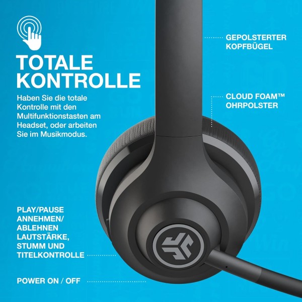 마이크가 있는 JLab Go Work 무선 헤드셋: 45시간 이상 재생, 다지점 연결이 있는 헤드폰, PC 및 휴대폰에 무선 또는 유선 연결 - 노트북 사무실용 마이크가 있는 Bluetooth 헤