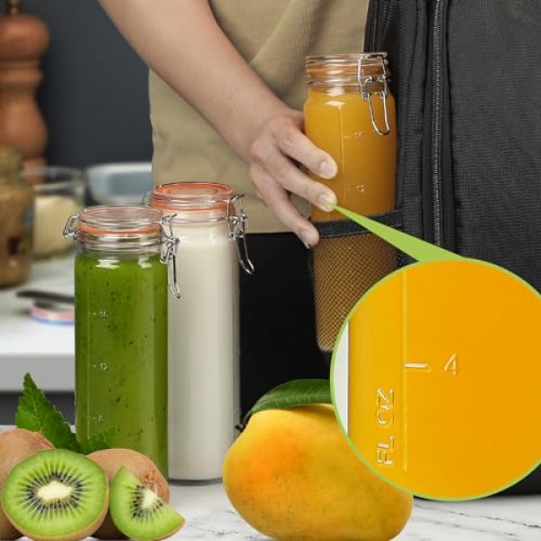 바닐라 추출물용 밀폐 뚜껑이 있는 Huichuiero 20온스 유리병, 2개의 측정 표시가 있는 유리 주스병 6팩, 콩, 향신료, 차, 음료, 우유용 유리 식품 저장 용기 세트. 600ML