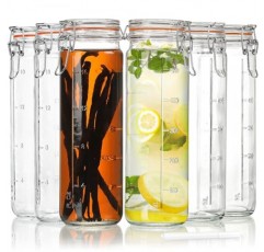 바닐라 추출물용 밀폐 뚜껑이 있는 Huichuiero 20온스 유리병, 2개의 측정 표시가 있는 유리 주스병 6팩, 콩, 향신료, 차, 음료, 우유용 유리 식품 저장 용기 세트. 600ML