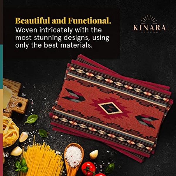 Kinara Cibola 플레이스매트 세트 – 남서부 아메리카 원주민 디자인 – 아름답고 독특한 패턴 – 촘촘하게 짜여진 12.25x19인치 플레이스매트 4개.
