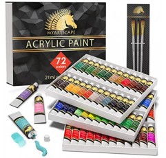 MyArtscape 아크릴 페인트 세트 - 3개의 페인트 브러시가 포함된 72 x 21ml 튜브 미술 용품 ​​- 헤비 바디 아크릴 페인트 성인을 위한 이상적인 페인팅 키트