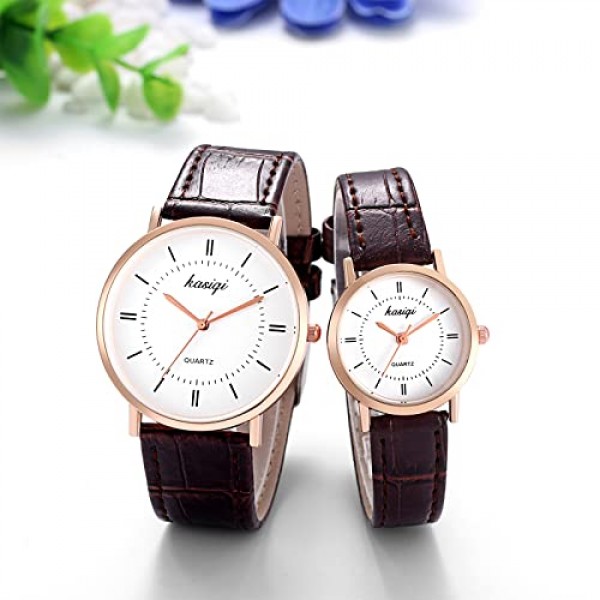 JewelryWe 시계 쌍 아날로그 석영 파트너 우정 시계 남성 여성을위한 클래식 간단한 가죽 스트랩 커플 시계 블랙/브라운