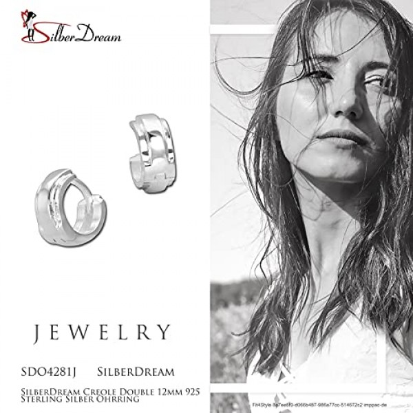 SilberDream SDO4281J 여성용 귀걸이 925 실버 후프 귀걸이 12 mm 더블, 스털링 실버