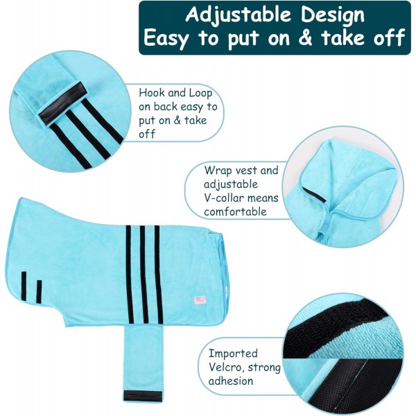 HAPPY HACHI 극세사 개 목욕 가운 빨 수 있는 고양이 빠른 건조 목욕 타올 조절 가능한 스트랩이 있는 초흡수성 애완 동물 코트(L, 스카이 블루) L 스카이 블루