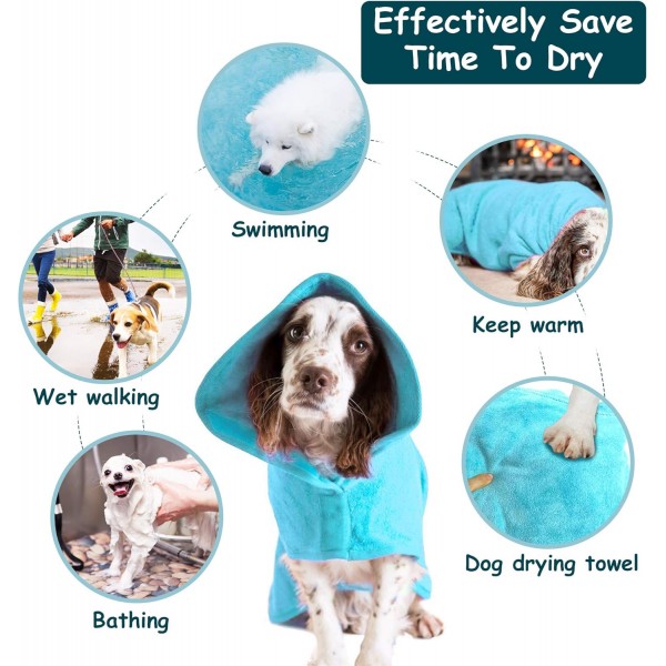 HAPPY HACHI 극세사 개 목욕 가운 빨 수 있는 고양이 빠른 건조 목욕 타올 조절 가능한 스트랩이 있는 초흡수성 애완 동물 코트(L, 스카이 블루) L 스카이 블루