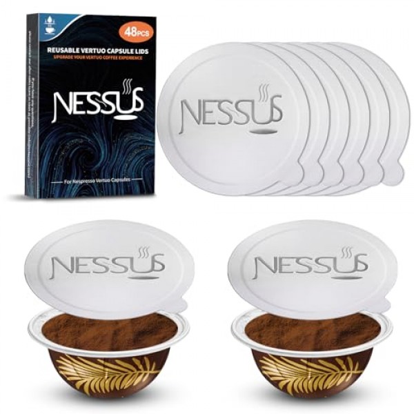 재사용 가능한 Vertuo 포드용 알루미늄 호일 씰 뚜껑, Nespresso VertuoLine 머신과 호환 가능(48개 호일 뚜껑 전용, 62mm)