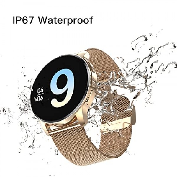 전화 기능이 포함된 여성용 스마트워치 360 x 360 해상도 IP67 방수 심박수 SpO2 혈압 모니터 20가지 스포츠 모드 앱 안드로이드 아이폰용 알림 알림 라운드 로즈 골드 시계