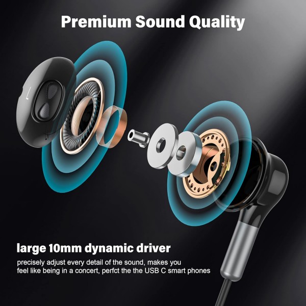 USB C 헤드폰, Hmusic USB Type C 헤드폰 마그네틱, 유선 이어폰 삼성 Galaxy S22 S21 S20 FE22/ Pixel 6 5 4 3XL/ Xiaomi 12/11용 마이크 볼륨 컨트롤이 있는 인이어 헤드셋(검은색)