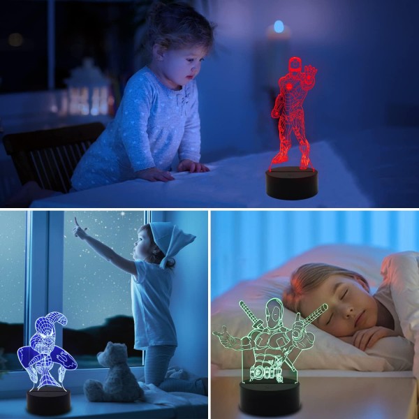 Spiderheroman 장난감 어린이를위한 야간 조명, X-Men Deadpool 3D 환상 터치 제어 램프 16 색 변경 야간 램프 침실 장식-선물 어린이를위한 장난감 소년 청소년