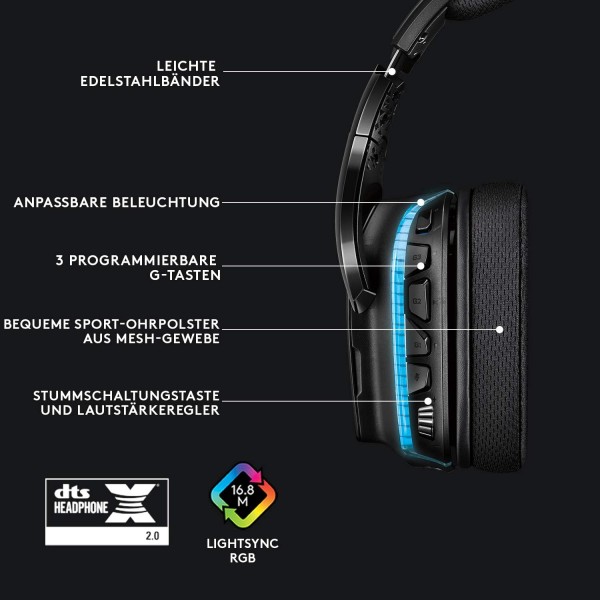 LIGHTSYNC RGB, 7.1 서라운드 사운드, DTS 헤드폰:X 2.0, 50mm 드라이버, 플립 음소거 기능이 있는 붐 마이크, PC/Xbox One/PS4/Nintendo Switch - 블랙 유선 헤드셋이 포함된 Logitech G635 유