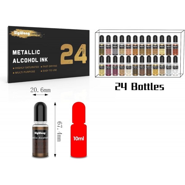 메탈릭 알코올 잉크 세트 - 24색 고농축 알코올 기반 잉크, 레진 페트리 접시, 코스터, 페인팅에 이상적인 농축 에폭시 수지 페인트 염료(각 10ml)