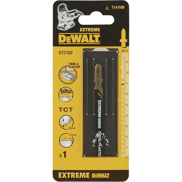 Dewalt Extreme 특수 직소날 DT2103(총 길이 100mm, 작업 길이 69mm, 톱니 피치 4.3mm, 최대 절단 깊이: 20mm, 유리 섬유 강화 플라스틱 절단용), 1개