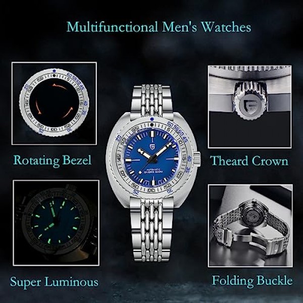 Pagani Design 남성용 시계 자동 기계식 우아한 비즈니스 남성용 시계 일본 무브먼트 NH38 42.7mm 스테인레스 스틸 사파이어 거울 300 M 방수 1719, 실버