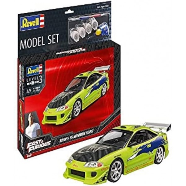Revell 67691 모델 세트 F&F Brian's 1995 Mitsubishi Eclipse Fast & Furious 초보자를 위한 충실한 모델 키트, 기본 액세서리가 포함된 스타터 키트, 도색되지 않음