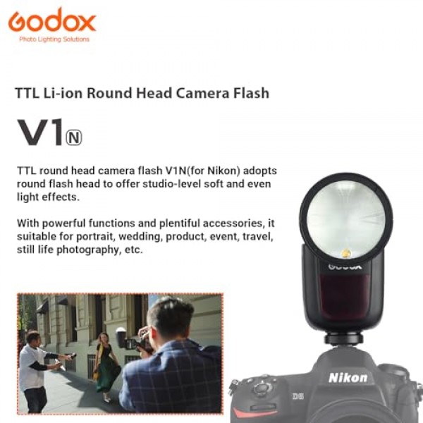 Nikon용 Godox V1 V1-N V1N 원형 헤드 카메라 플래시, 2.4G TTL Godox 플래시 Nikon Speeslite HSS 1/8000s, 2600mAh 리튬 이온 배터리, 480회 최대 전력 샷, 10레벨 LED 모델링 램프